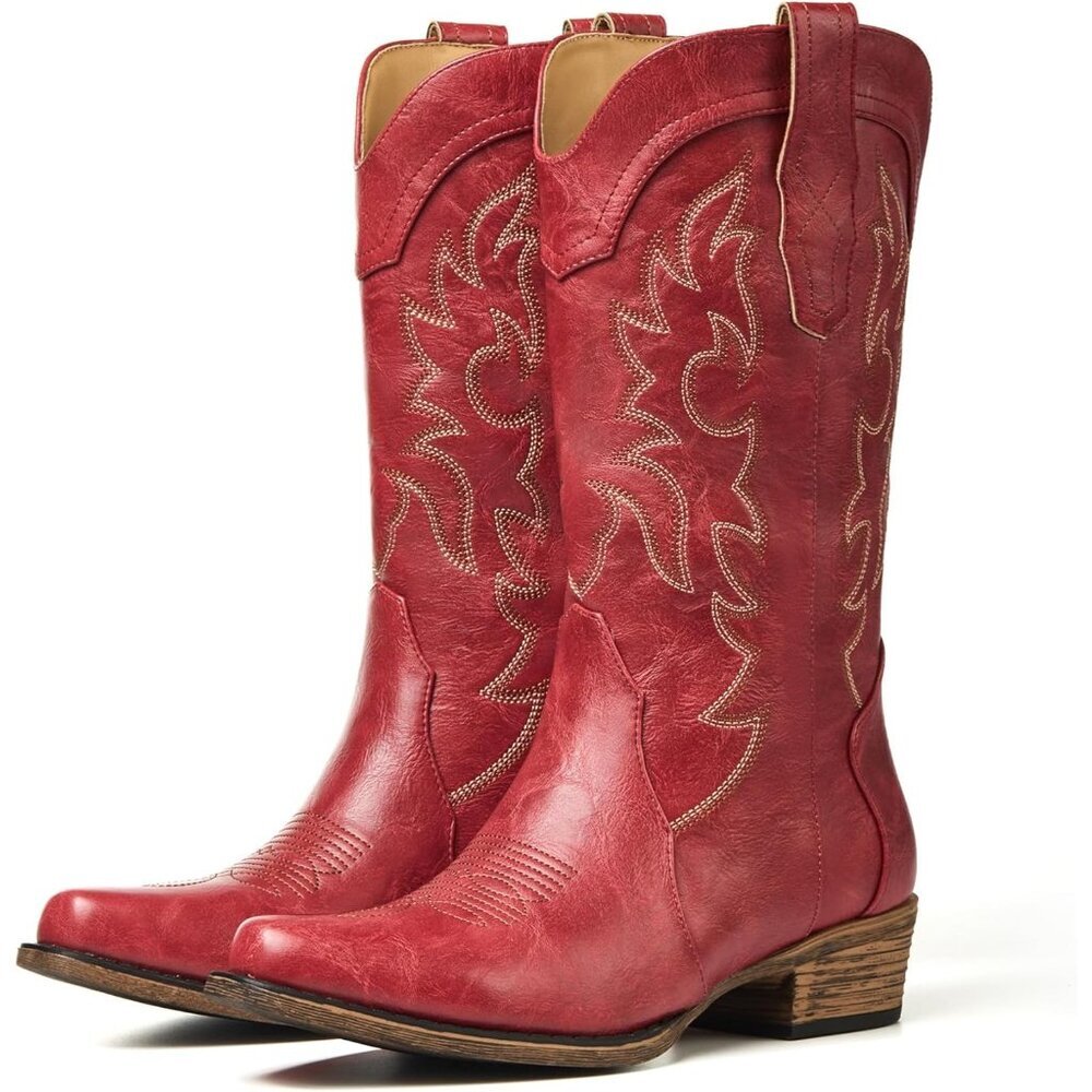 Women Red Daily Wear with Pointed Toe Chunky Heel Embroidered Cowgirl Boots